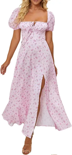 Women's Summer Puff Sleeve Floral Split Maxi Dress Flowy A Line Casual Beach Long Dresses 2025