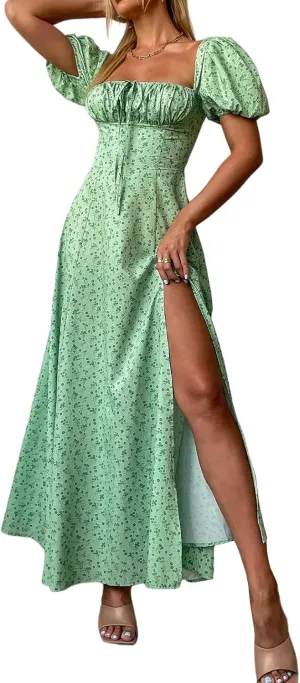 Women's Summer Puff Sleeve Floral Split Maxi Dress Flowy A Line Casual Beach Long Dresses 2025