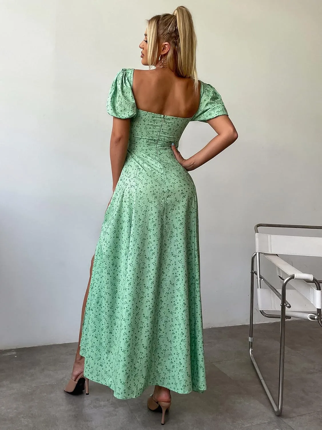 Women's Summer Puff Sleeve Floral Split Maxi Dress Flowy A Line Casual Beach Long Dresses 2025