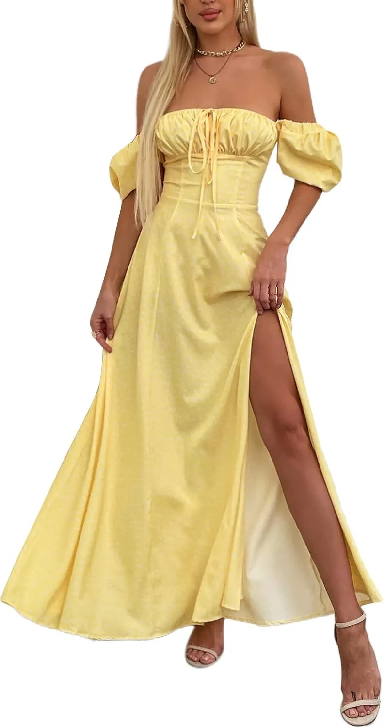 Women's Summer Puff Sleeve Floral Split Maxi Dress Flowy A Line Casual Beach Long Dresses 2025