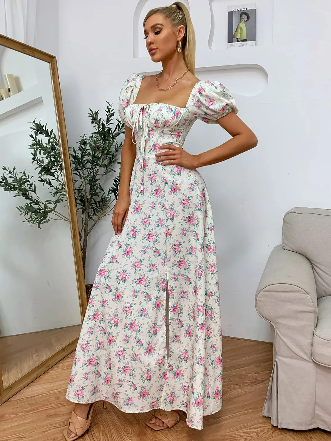 Women's Summer Puff Sleeve Floral Split Maxi Dress Flowy A Line Casual Beach Long Dresses 2025