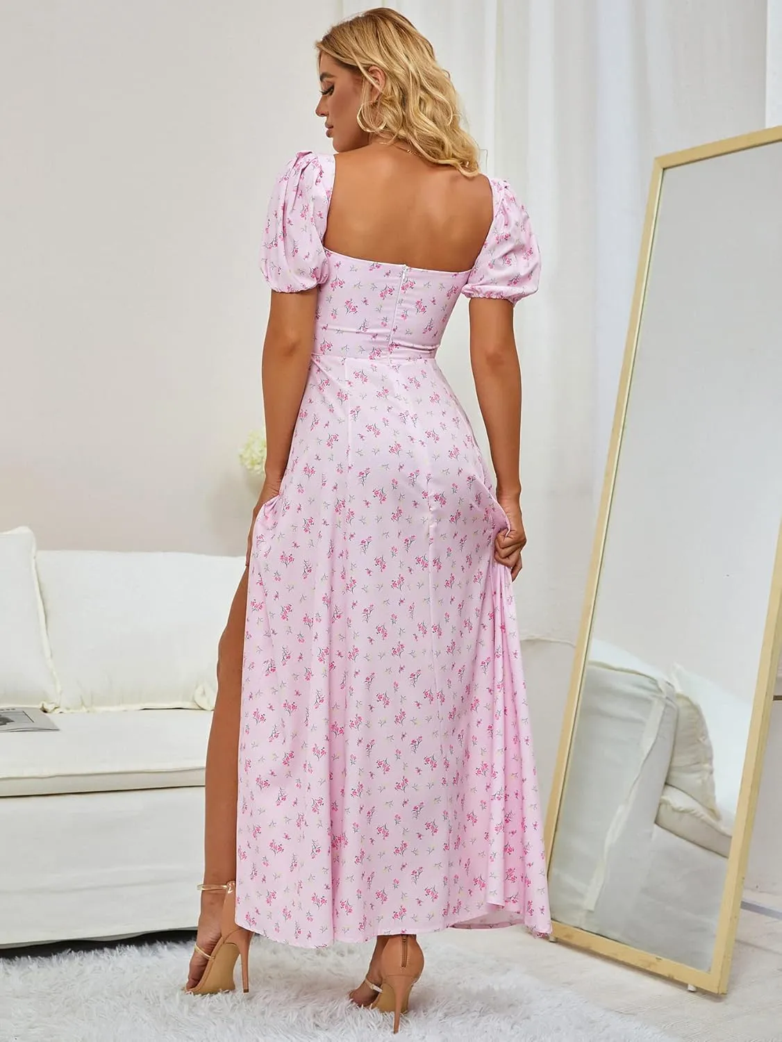 Women's Summer Puff Sleeve Floral Split Maxi Dress Flowy A Line Casual Beach Long Dresses 2025