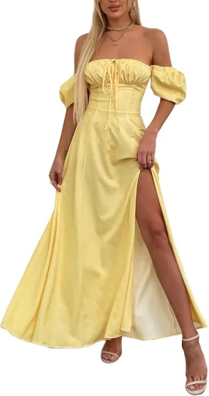 Women's Summer Puff Sleeve Floral Split Maxi Dress Flowy A Line Casual Beach Long Dresses 2025