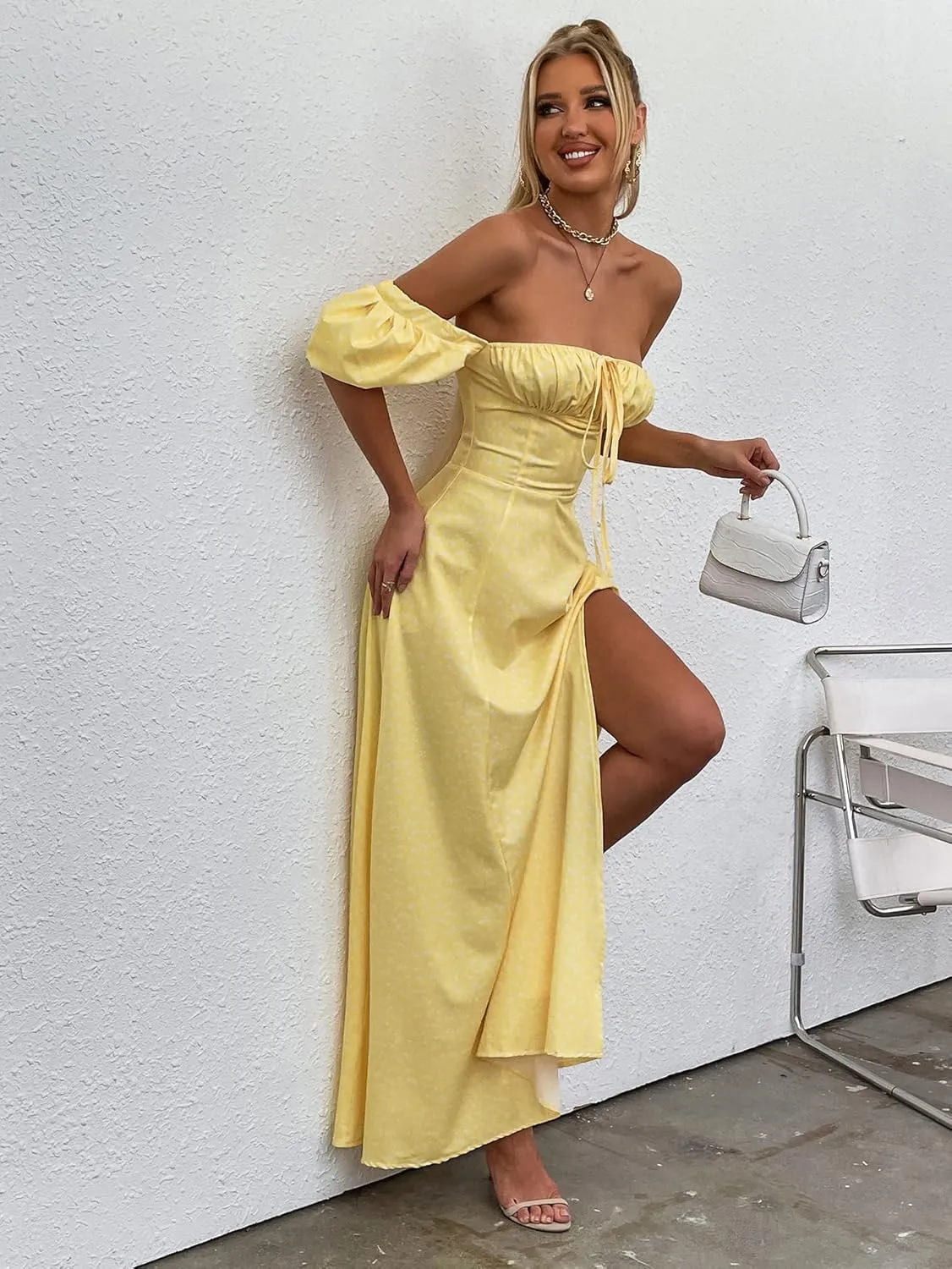 Women's Summer Puff Sleeve Floral Split Maxi Dress Flowy A Line Casual Beach Long Dresses 2025