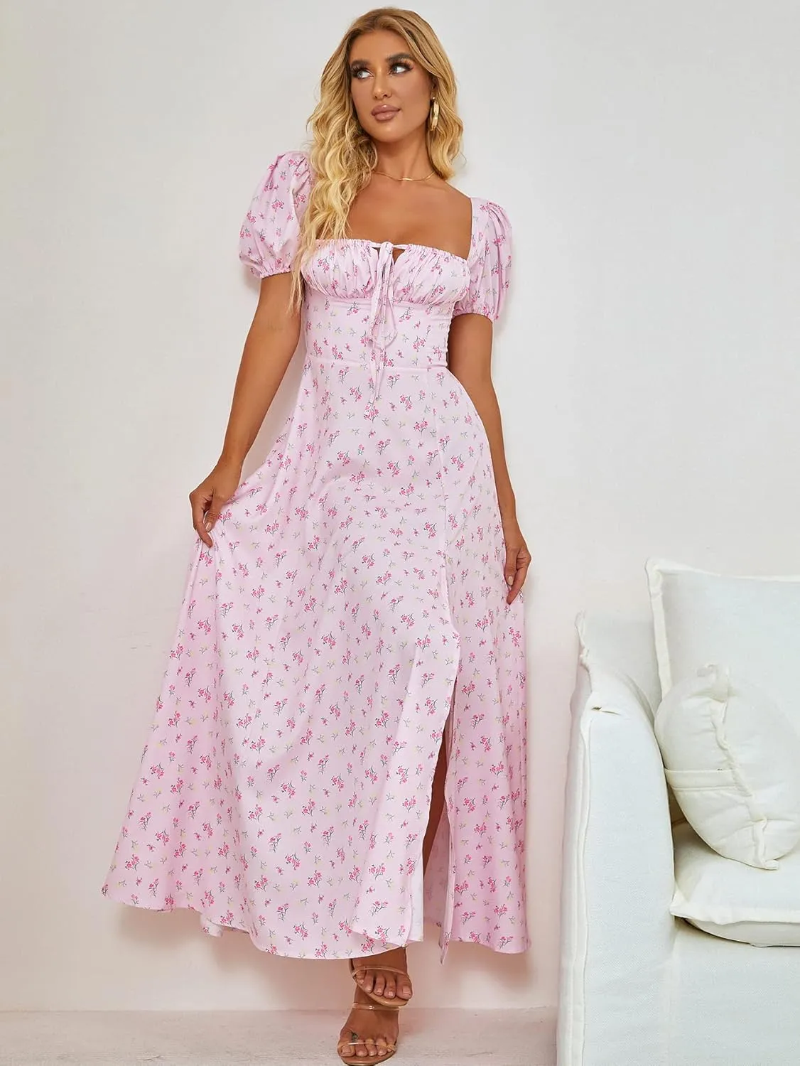 Women's Summer Puff Sleeve Floral Split Maxi Dress Flowy A Line Casual Beach Long Dresses 2025