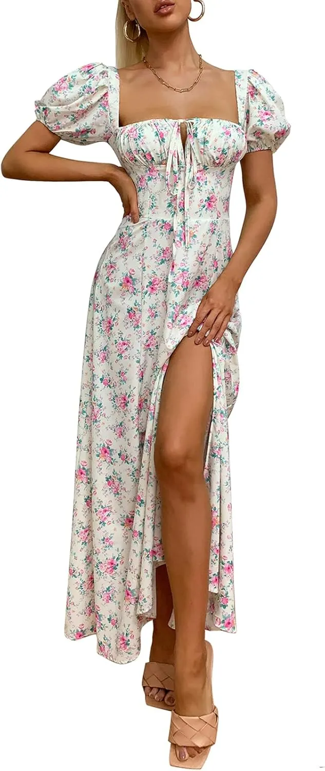 Women's Summer Puff Sleeve Floral Split Maxi Dress Flowy A Line Casual Beach Long Dresses 2025