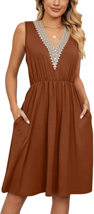 Women's Summer Sleeveless Dresses 2025 Solid Color V Neck Mini Dress with Lace Stitching and Pockets