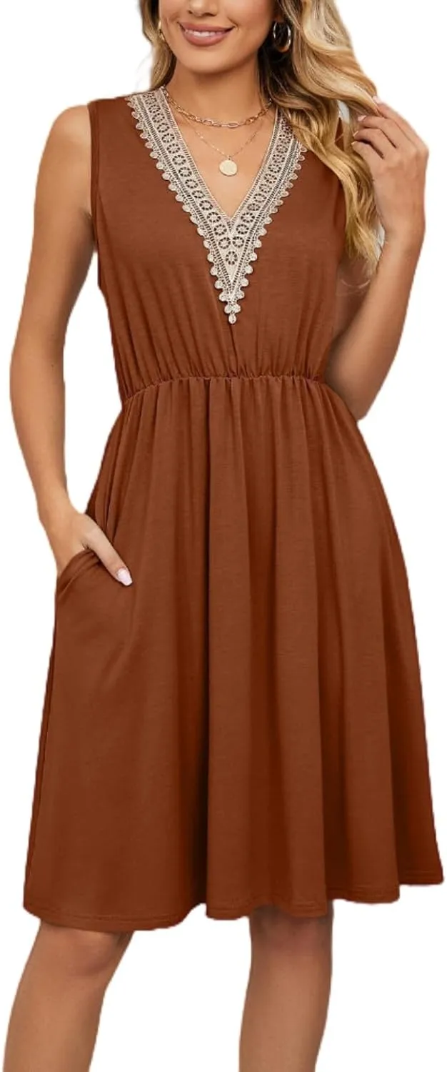 Women's Summer Sleeveless Dresses 2025 Solid Color V Neck Mini Dress with Lace Stitching and Pockets