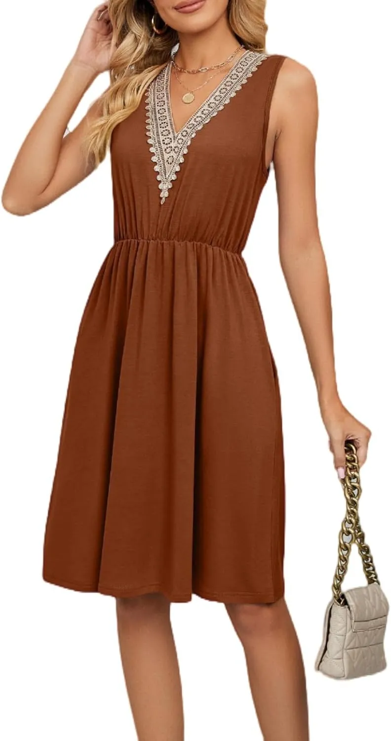 Women's Summer Sleeveless Dresses 2025 Solid Color V Neck Mini Dress with Lace Stitching and Pockets