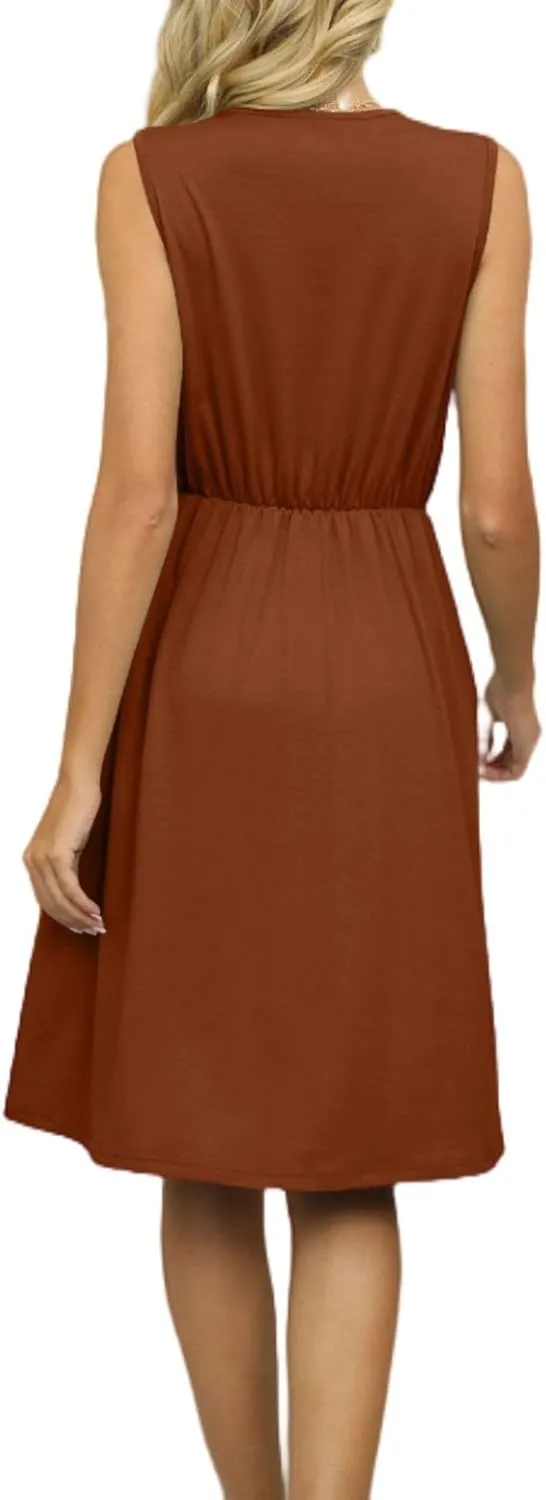 Women's Summer Sleeveless Dresses 2025 Solid Color V Neck Mini Dress with Lace Stitching and Pockets