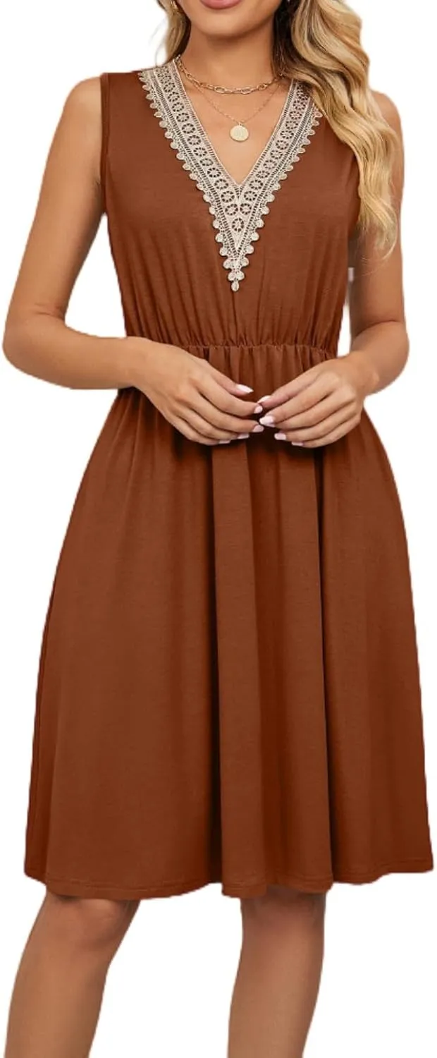 Women's Summer Sleeveless Dresses 2025 Solid Color V Neck Mini Dress with Lace Stitching and Pockets