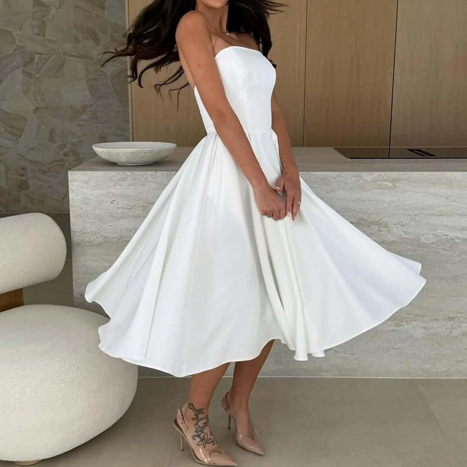 Womens Summer Strapless Maxi Dress Casual Sleeveless Off Shoulder Smocked Tiered Pleated Flowy Beach Long Sundress