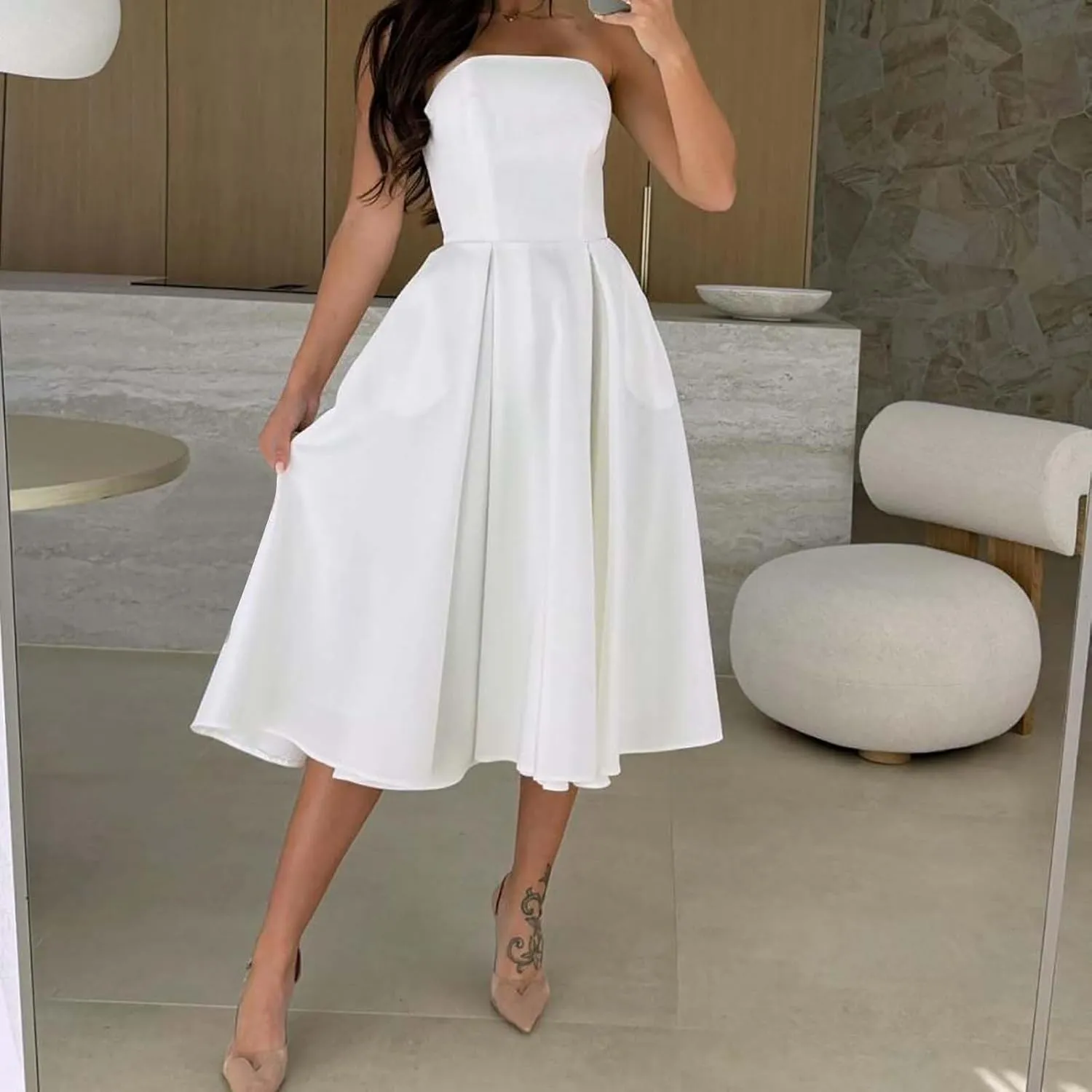 Womens Summer Strapless Maxi Dress Casual Sleeveless Off Shoulder Smocked Tiered Pleated Flowy Beach Long Sundress