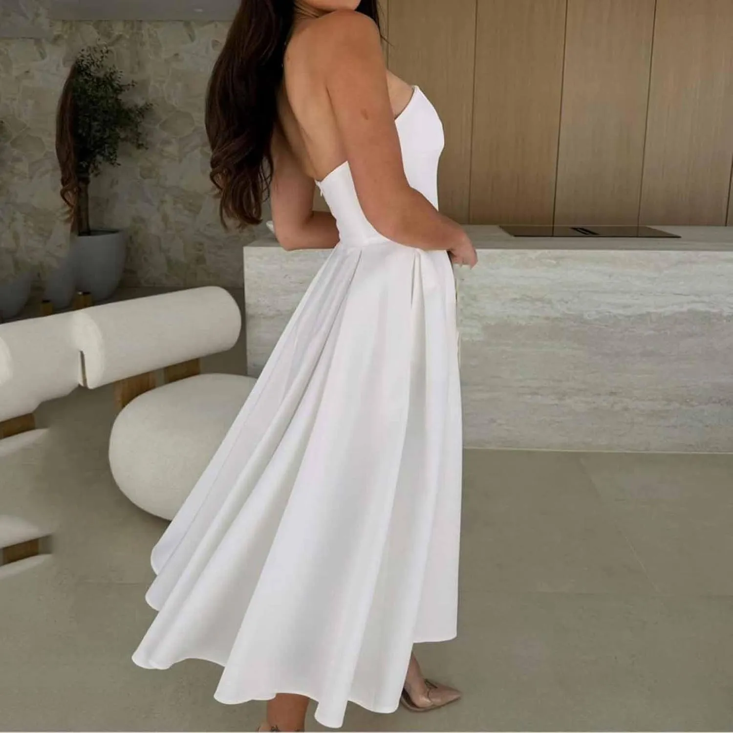 Womens Summer Strapless Maxi Dress Casual Sleeveless Off Shoulder Smocked Tiered Pleated Flowy Beach Long Sundress