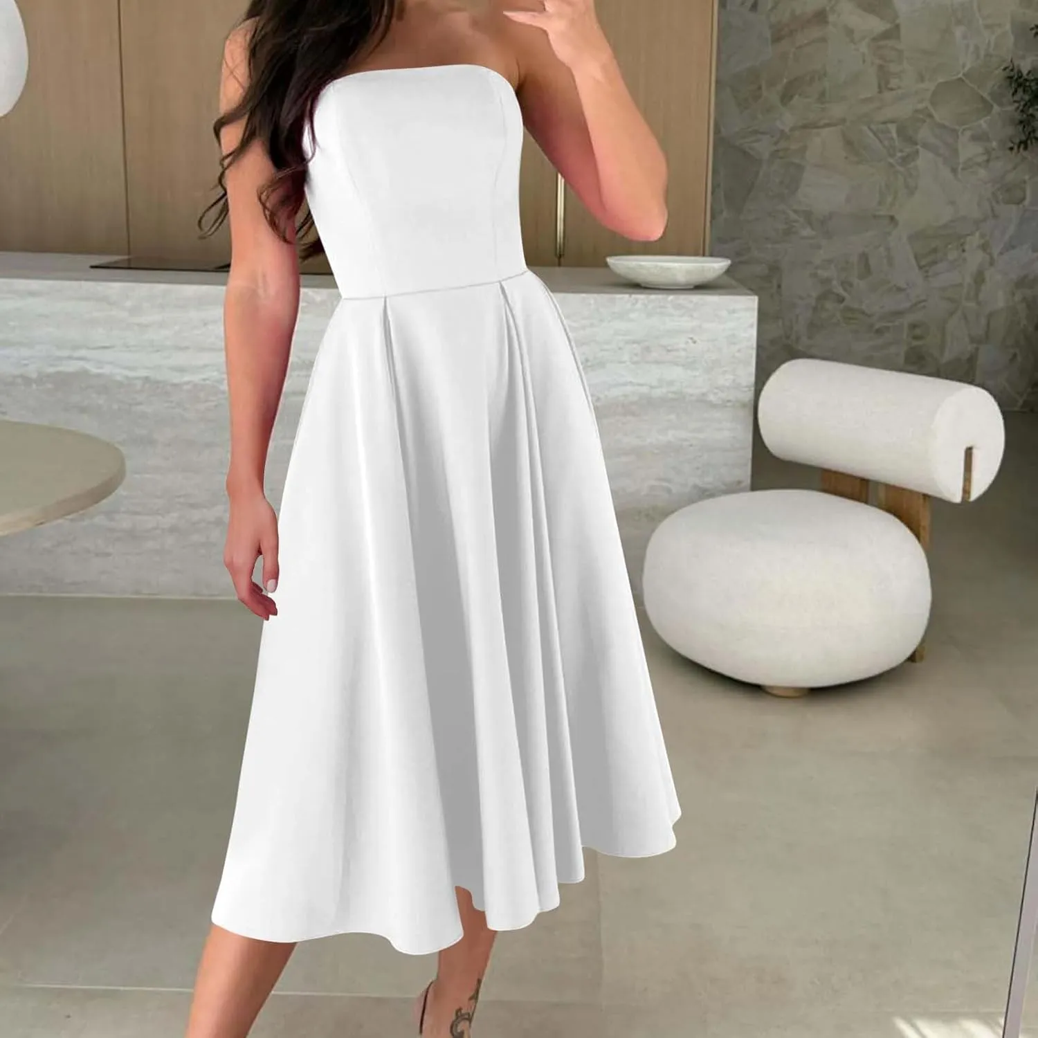 Womens Summer Strapless Maxi Dress Casual Sleeveless Off Shoulder Smocked Tiered Pleated Flowy Beach Long Sundress
