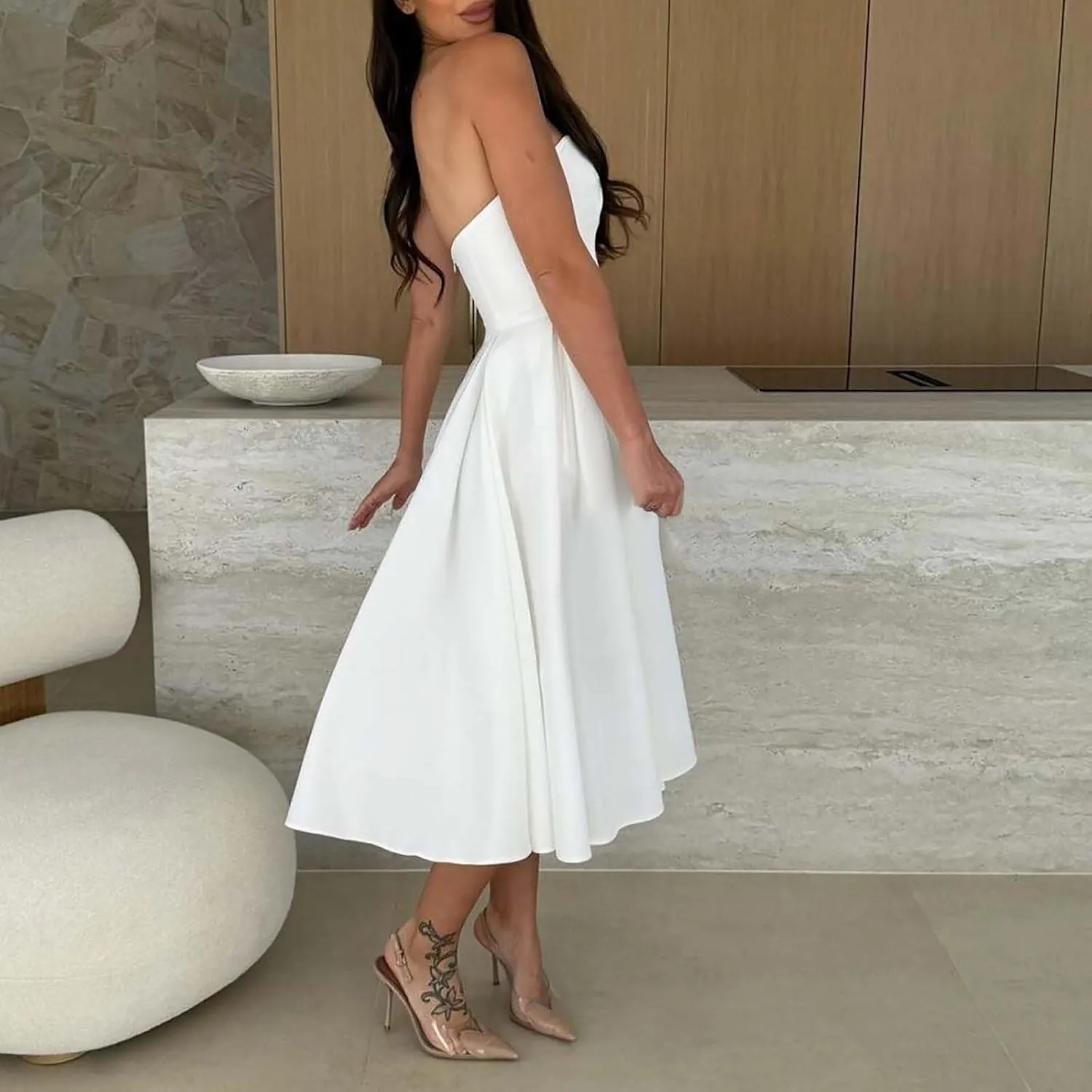 Womens Summer Strapless Maxi Dress Casual Sleeveless Off Shoulder Smocked Tiered Pleated Flowy Beach Long Sundress