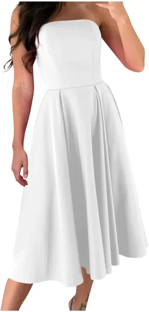 Womens Summer Strapless Maxi Dress Casual Sleeveless Off Shoulder Smocked Tiered Pleated Flowy Beach Long Sundress