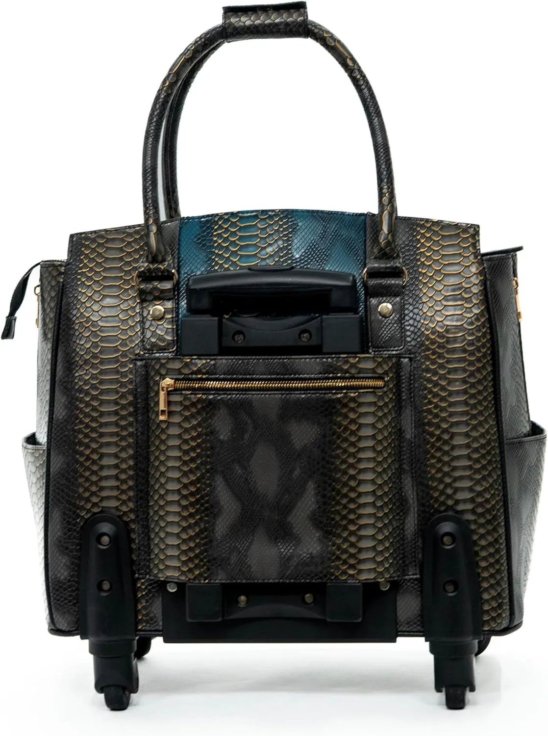 Women’s Teal and Charcoal Snakeskin Rolling Laptop Bag – Elegant Business Trolley with Wheels – Stylish Wheeled Briefcase with Padded Laptop Compartment – PU Leather Travel Tote