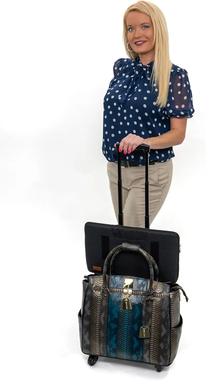 Women’s Teal and Charcoal Snakeskin Rolling Laptop Bag – Elegant Business Trolley with Wheels – Stylish Wheeled Briefcase with Padded Laptop Compartment – PU Leather Travel Tote