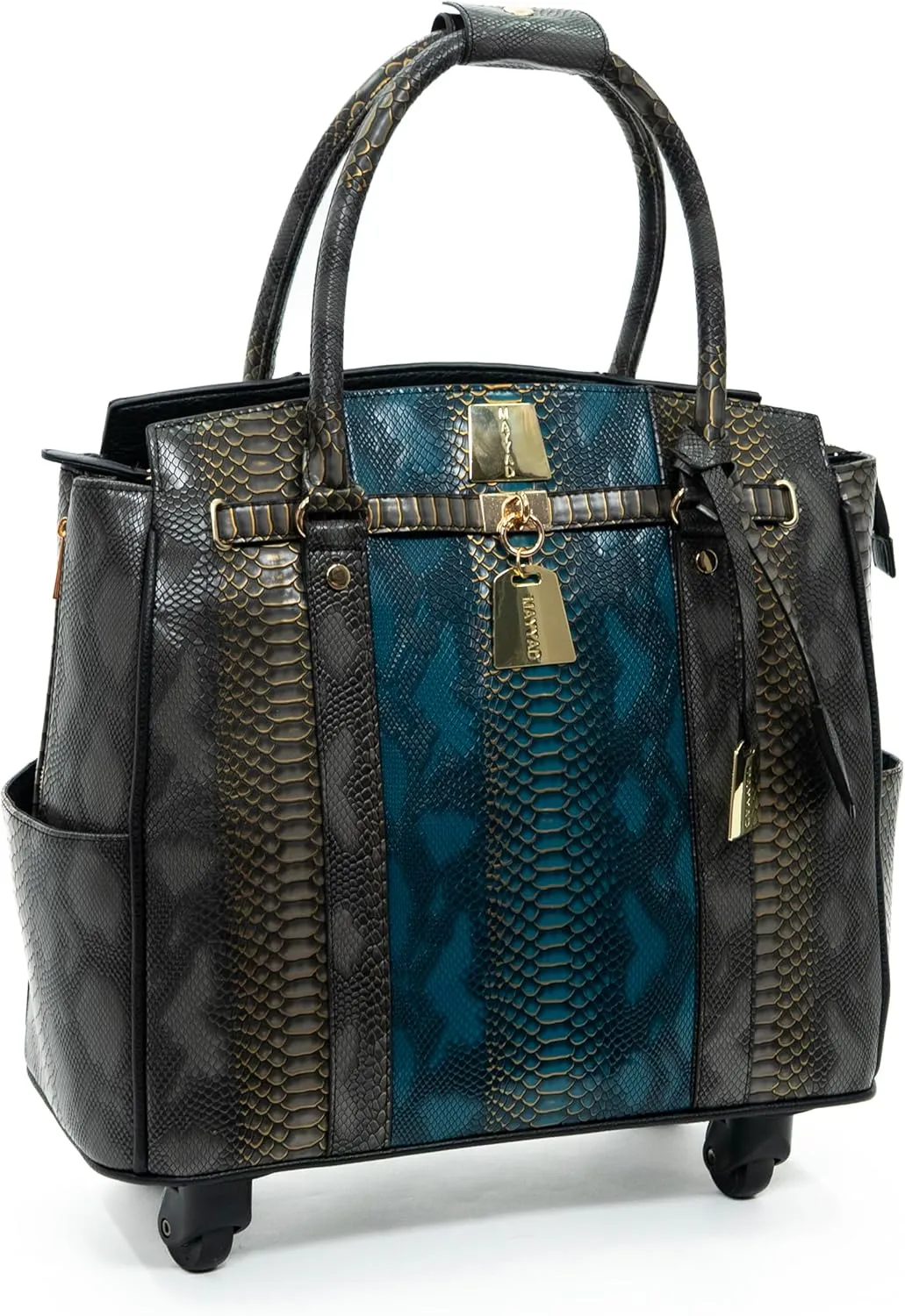 Women’s Teal and Charcoal Snakeskin Rolling Laptop Bag – Elegant Business Trolley with Wheels – Stylish Wheeled Briefcase with Padded Laptop Compartment – PU Leather Travel Tote