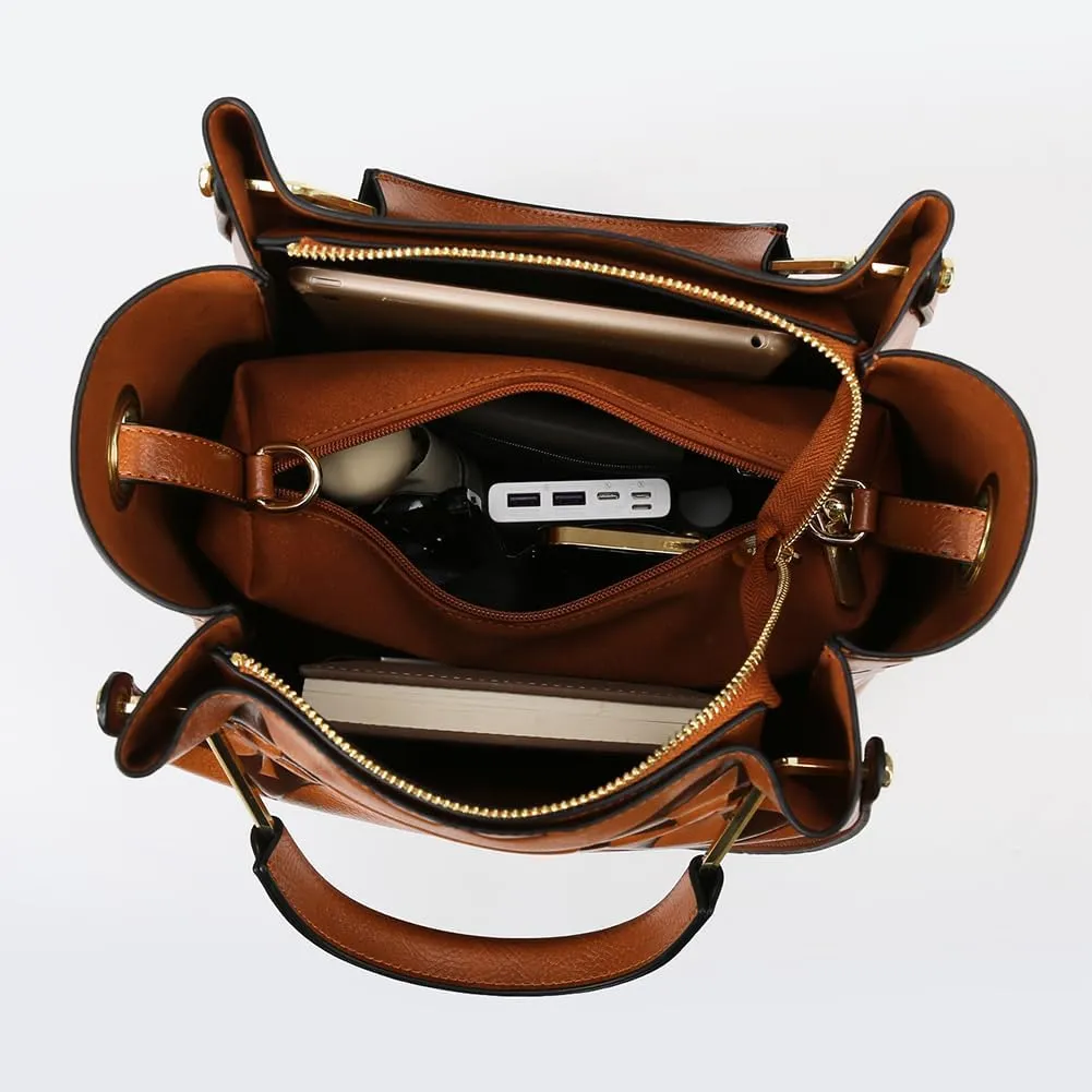 Women's Top Handle Handbags Leather Tote Bag for Women Trendy Bucket Bag Floral Embossed Shoulder Satchel Purses