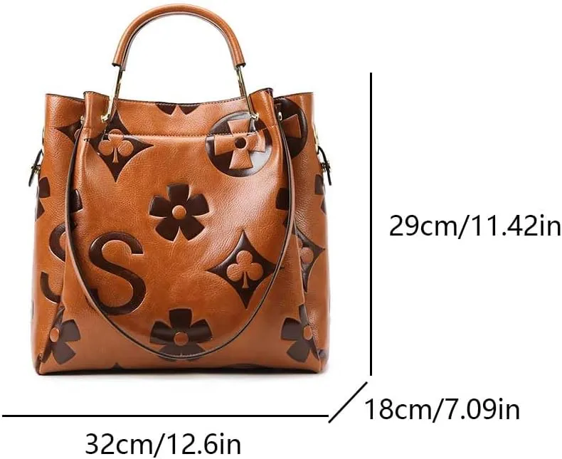 Women's Top Handle Handbags Leather Tote Bag for Women Trendy Bucket Bag Floral Embossed Shoulder Satchel Purses