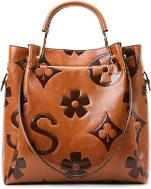 Women's Top Handle Handbags Leather Tote Bag for Women Trendy Bucket Bag Floral Embossed Shoulder Satchel Purses