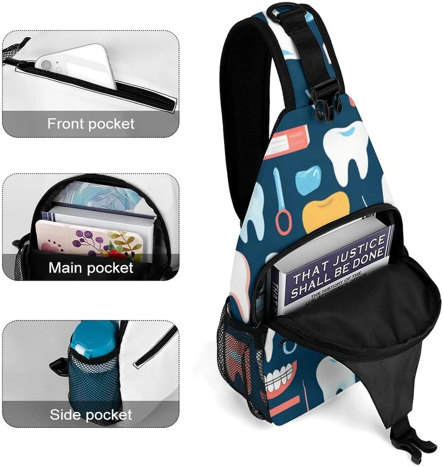 Women's Travel Chest Bag, Novelty Teeth Dental Seamless Pattern Sling Bag Crossbody Spotrs Chest Backpack Shoulder Pack for Cycling, Shopping, Work