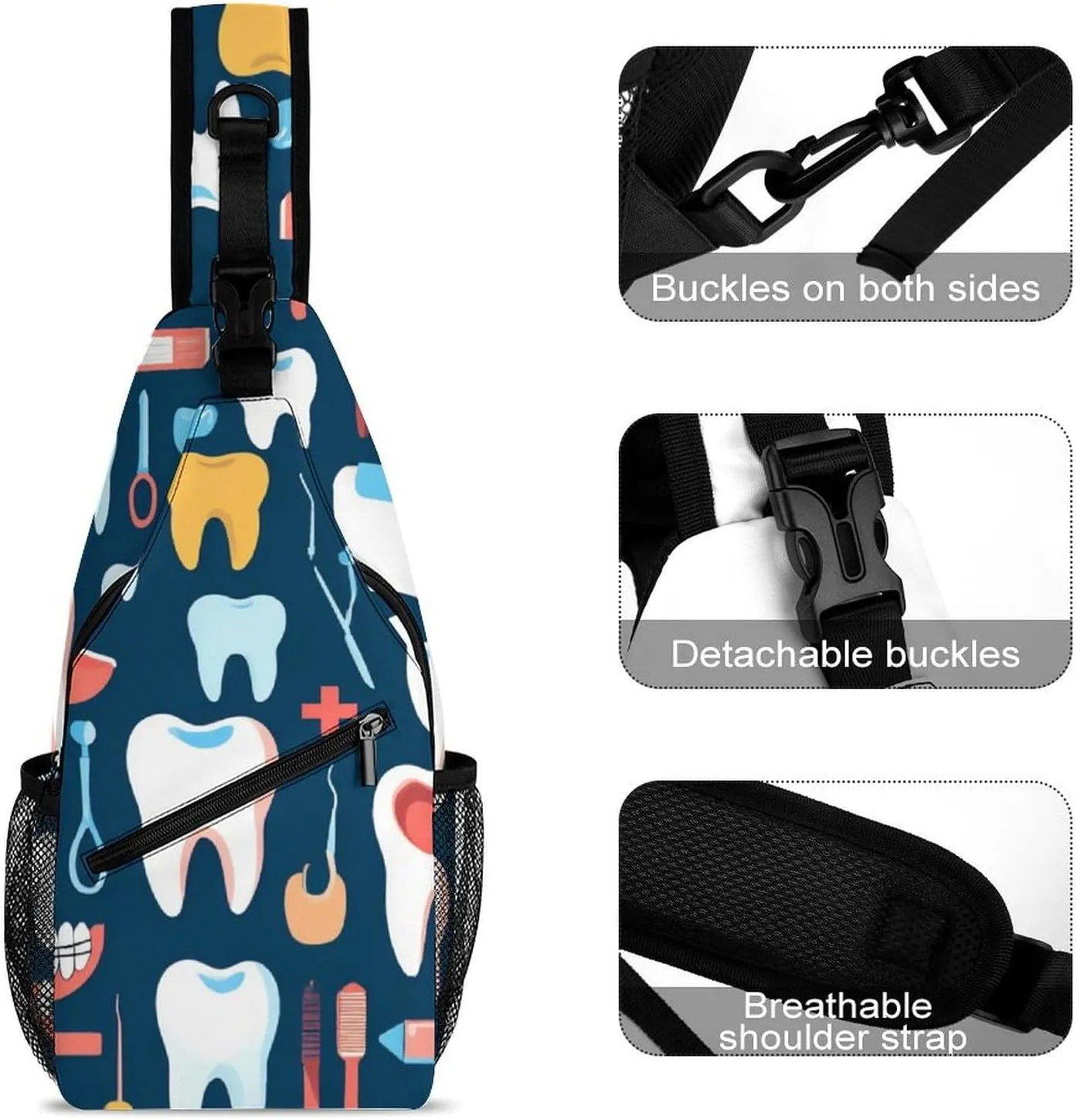 Women's Travel Chest Bag, Novelty Teeth Dental Seamless Pattern Sling Bag Crossbody Spotrs Chest Backpack Shoulder Pack for Cycling, Shopping, Work