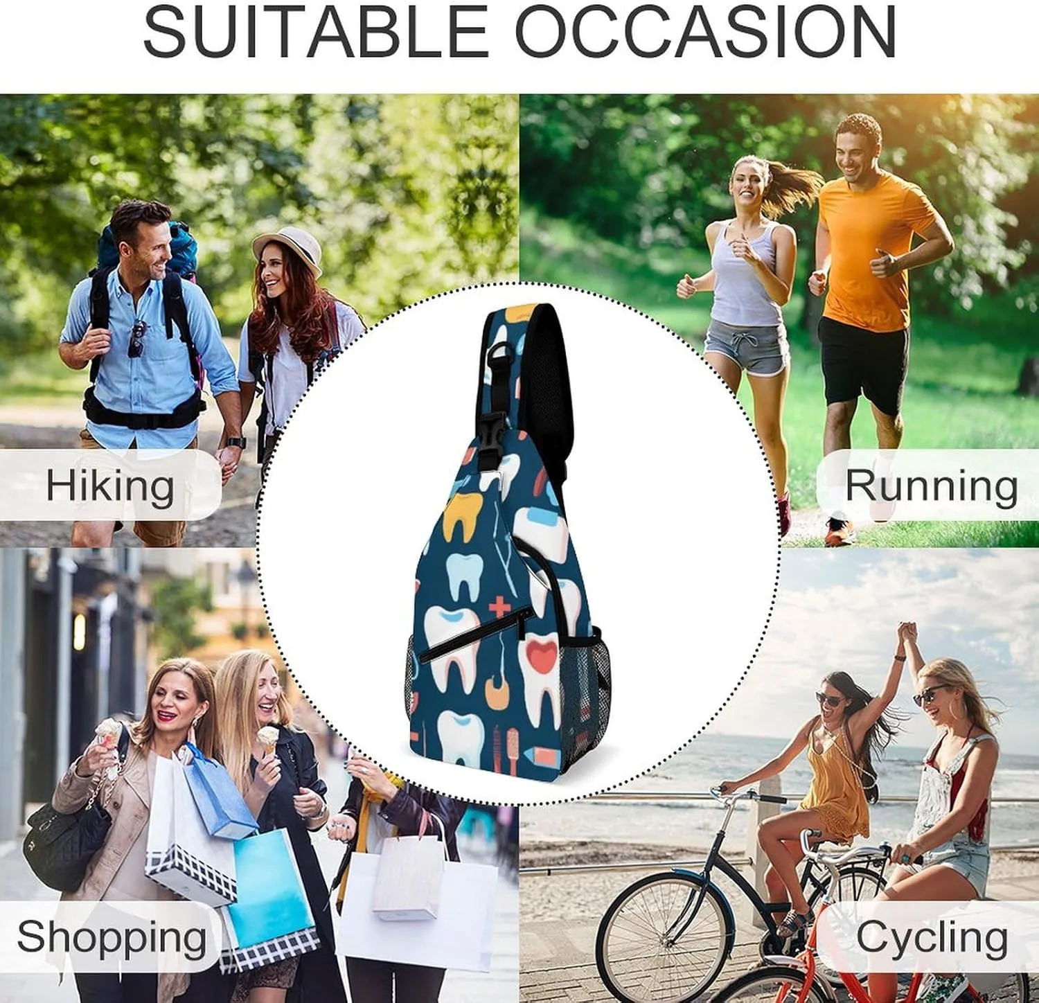 Women's Travel Chest Bag, Novelty Teeth Dental Seamless Pattern Sling Bag Crossbody Spotrs Chest Backpack Shoulder Pack for Cycling, Shopping, Work