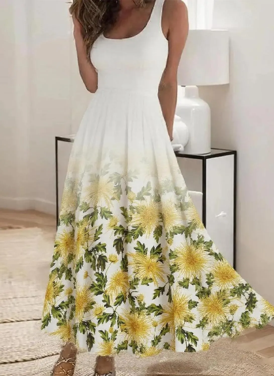 Women's White Floral Print Sleeveless Off Shoulder Maxi Dress with Yellow Flowers 2025 Summer Casual Bohemian Beach Dress