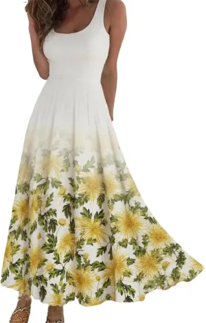 Women's White Floral Print Sleeveless Off Shoulder Maxi Dress with Yellow Flowers 2025 Summer Casual Bohemian Beach Dress