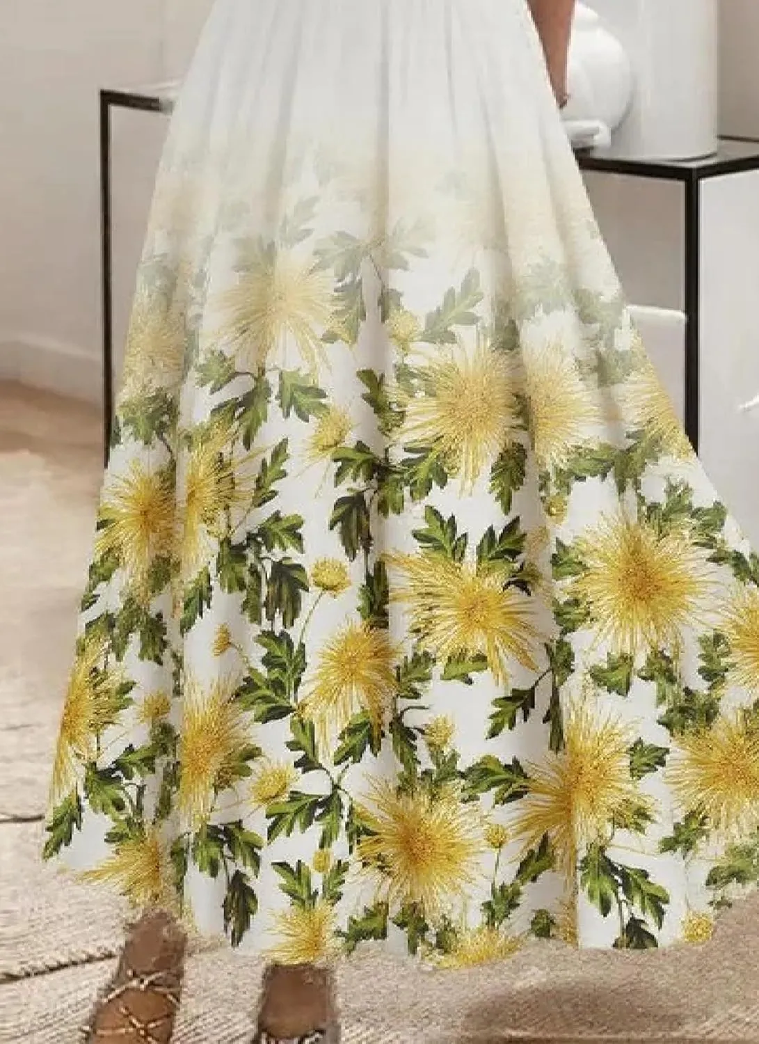 Women's White Floral Print Sleeveless Off Shoulder Maxi Dress with Yellow Flowers 2025 Summer Casual Bohemian Beach Dress