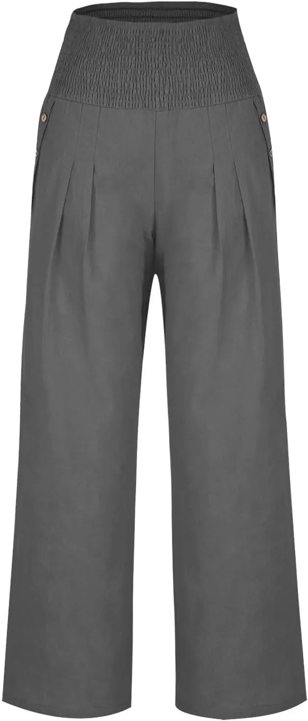 Women's Wide Leg Pants 2024 Summer Casual High Waisted Cotton Linen Pant Straight Leg Lightweight Lounge Trousers