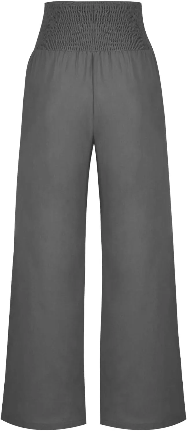 Women's Wide Leg Pants 2024 Summer Casual High Waisted Cotton Linen Pant Straight Leg Lightweight Lounge Trousers