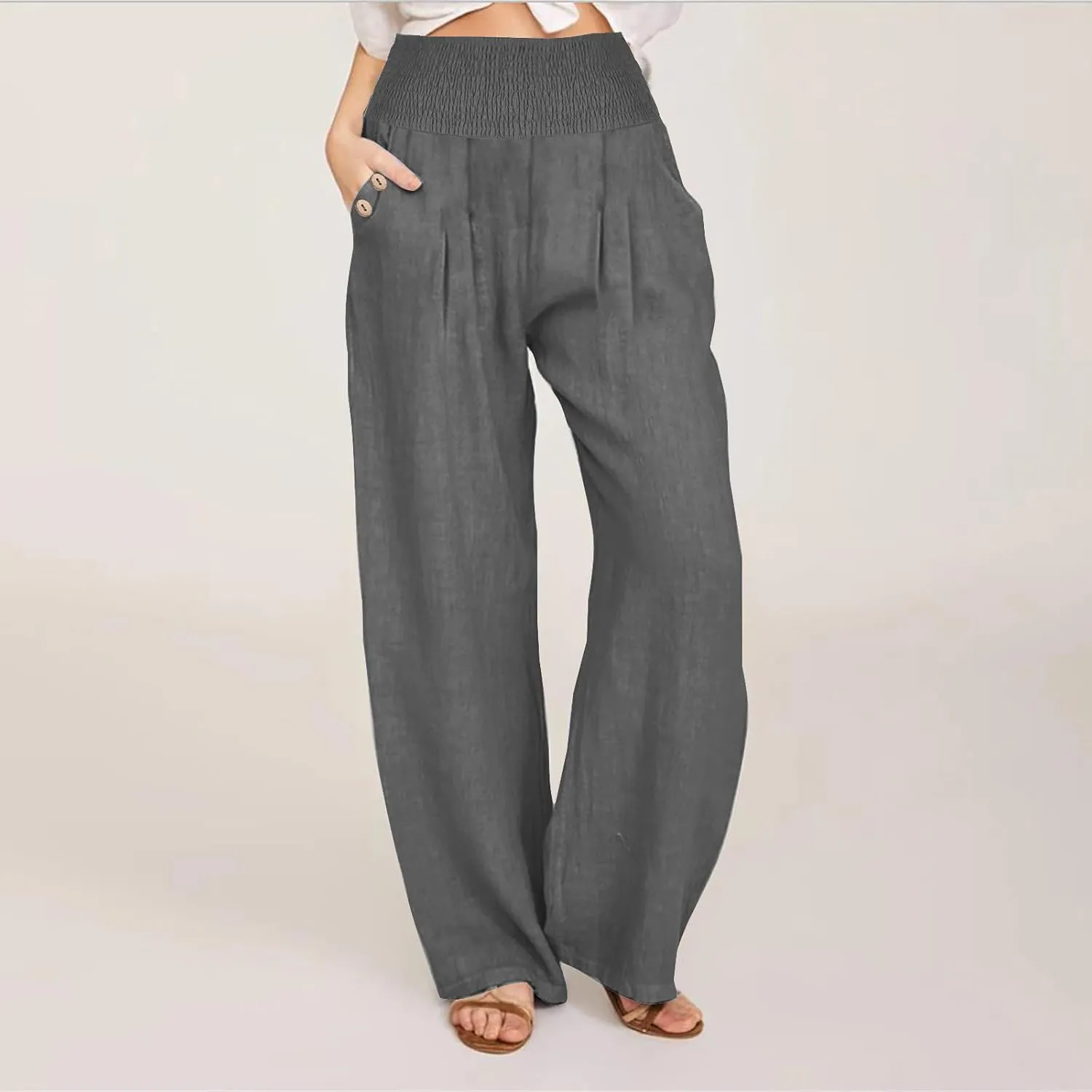 Women's Wide Leg Pants 2024 Summer Casual High Waisted Cotton Linen Pant Straight Leg Lightweight Lounge Trousers