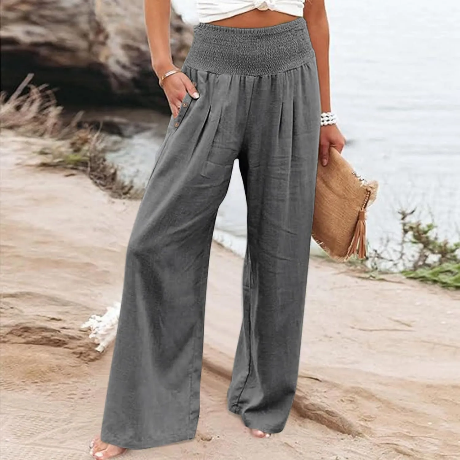Women's Wide Leg Pants 2024 Summer Casual High Waisted Cotton Linen Pant Straight Leg Lightweight Lounge Trousers