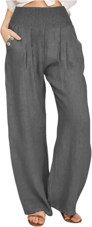 Women's Wide Leg Pants 2024 Summer Casual High Waisted Cotton Linen Pant Straight Leg Lightweight Lounge Trousers
