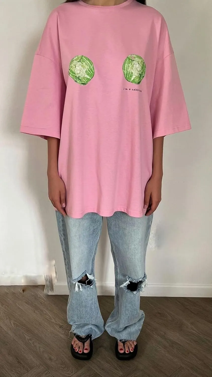 Womens Y2k Oversized T Shirt Crewneck Short Sleeve Loose Graphic Basic Tees Floral Fruit Print Preppy Baggy Top