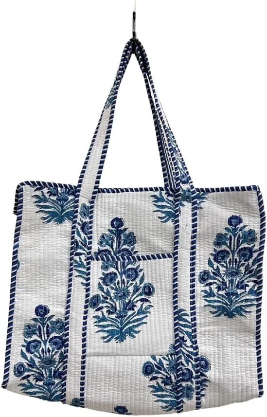 Woven Beach Tote Bag with Blue Floral Print, White and Navy, Large Carry-All Handbag