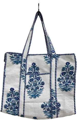 Woven Beach Tote Bag with Blue Floral Print, White and Navy, Large Carry-All Handbag