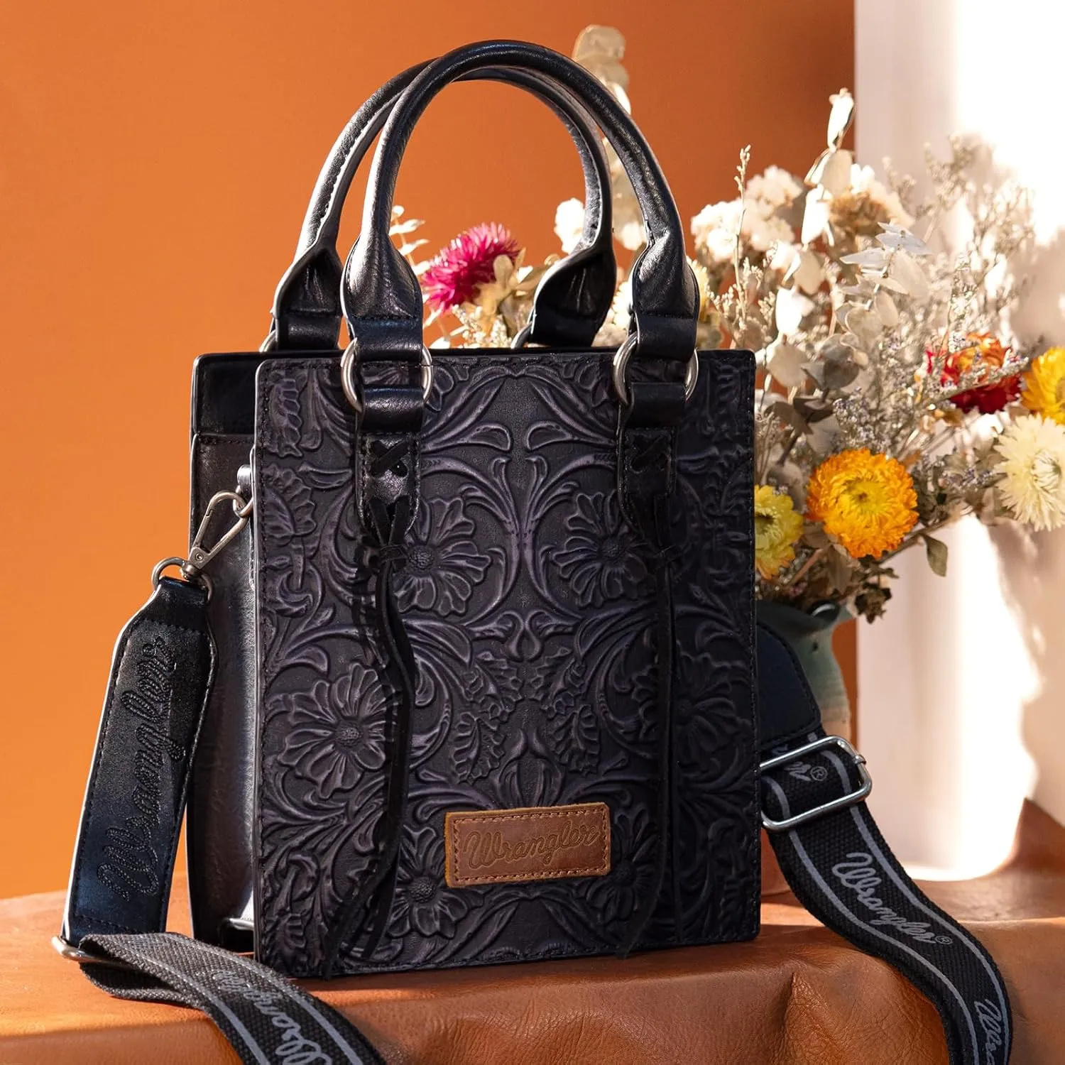 Wrangler Small Crossbody Bag for Women Tooling Top Handle Handbags and Mini Tote Bag