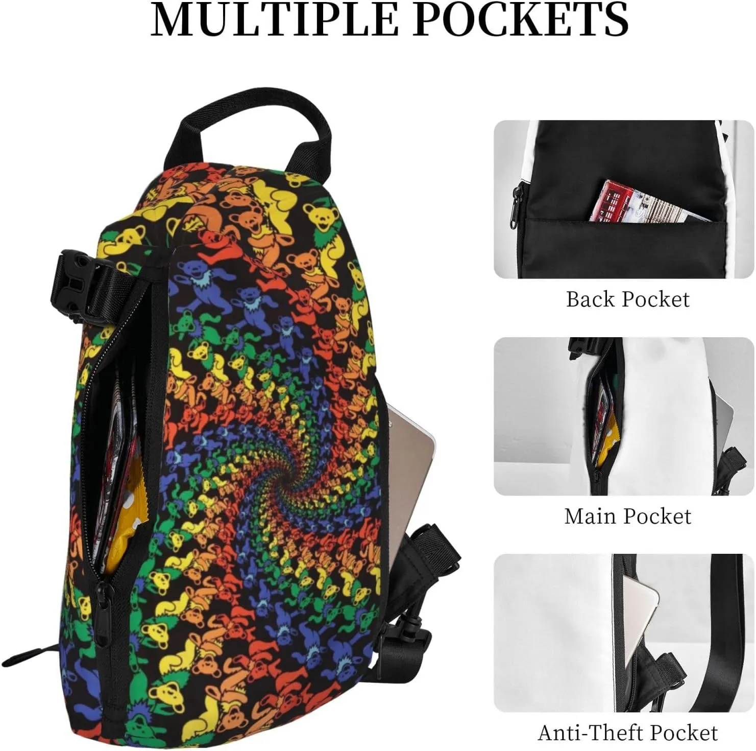 Wurton Bear Dancing Tie Dye Print Travel Crossbody Backpack Bag,Lightweight Sling Bag For Travel Unisex