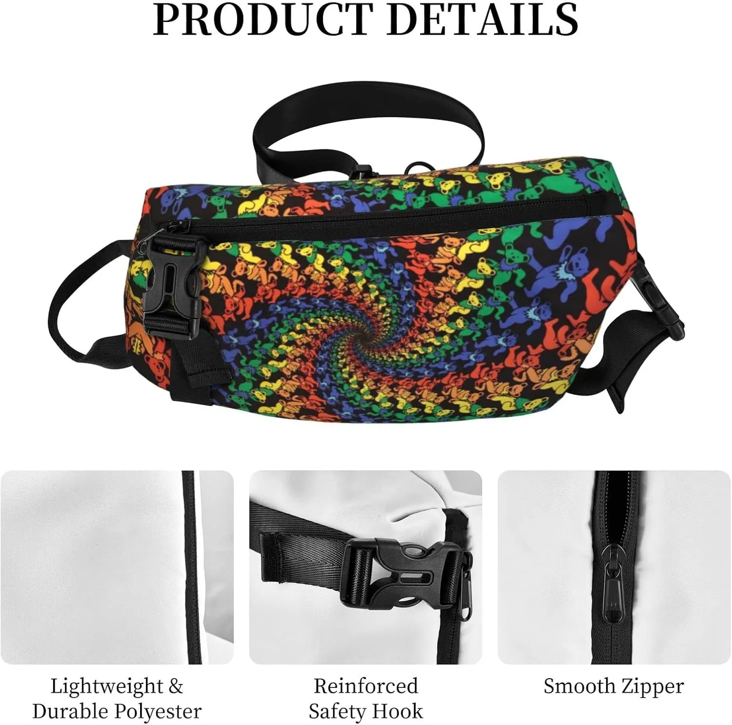 Wurton Bear Dancing Tie Dye Print Travel Crossbody Backpack Bag,Lightweight Sling Bag For Travel Unisex