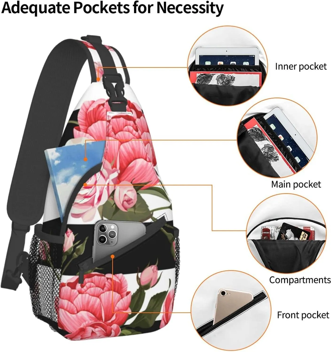 WURTON Black White Striped Flowers Print Trendy Casual Daypack Versatile Crossbody Backpack Shoulder Bag Fashionable Chest Bag
