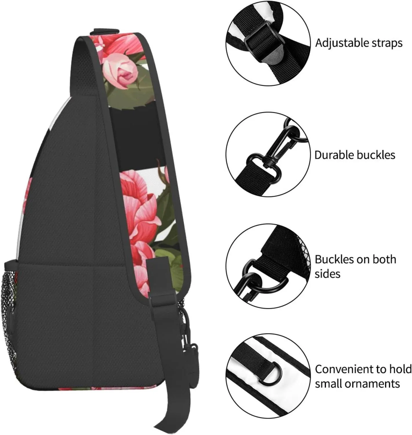WURTON Black White Striped Flowers Print Trendy Casual Daypack Versatile Crossbody Backpack Shoulder Bag Fashionable Chest Bag