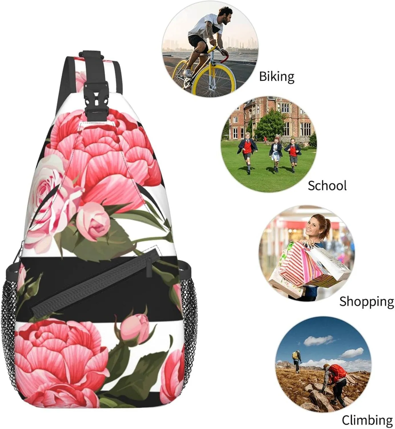 WURTON Black White Striped Flowers Print Trendy Casual Daypack Versatile Crossbody Backpack Shoulder Bag Fashionable Chest Bag