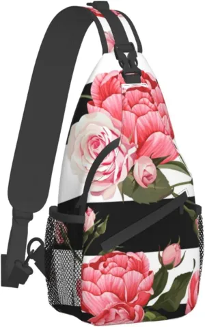 WURTON Black White Striped Flowers Print Trendy Casual Daypack Versatile Crossbody Backpack Shoulder Bag Fashionable Chest Bag