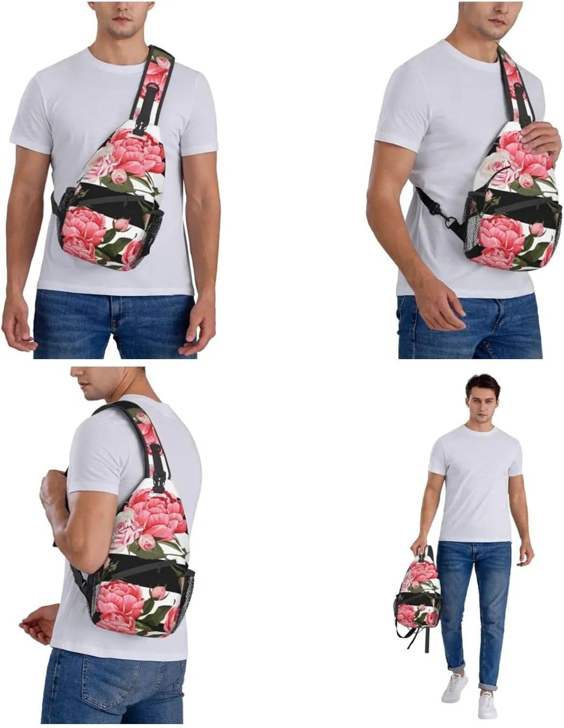 WURTON Black White Striped Flowers Print Trendy Casual Daypack Versatile Crossbody Backpack Shoulder Bag Fashionable Chest Bag