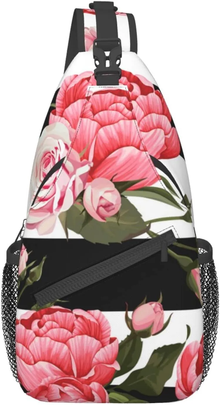 WURTON Black White Striped Flowers Print Trendy Casual Daypack Versatile Crossbody Backpack Shoulder Bag Fashionable Chest Bag